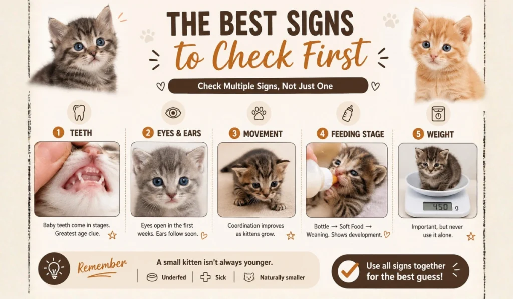 infographic showing the best signs to check kitten age, including teeth, eyes, movement, feeding stage, and weight.