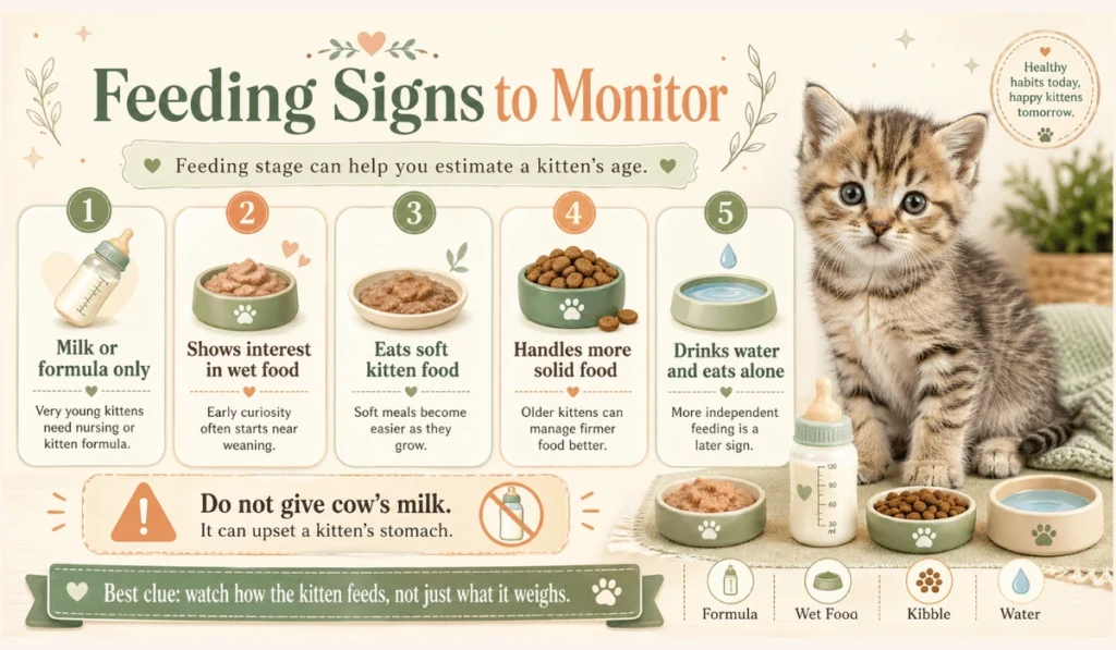 Infographic showing kitten feeding stages, from formula and wet food to kibble and water, plus a cow’s milk warning.