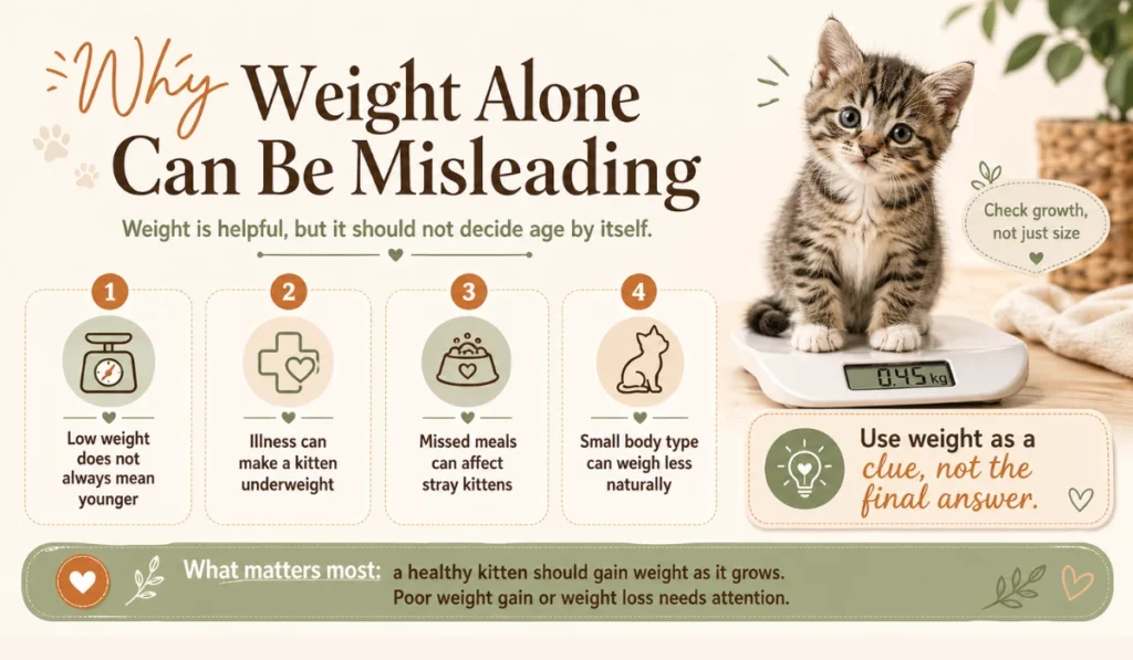 Kitten on a scale infographic explaining why weight alone can mislead age estimates and why growth signs matter more.