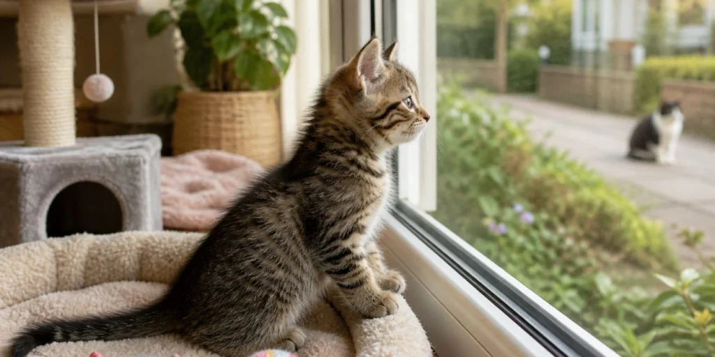 Young kitten staying indoors before vaccinations, looking out the window at an outdoor cat while surrounded by toys.
