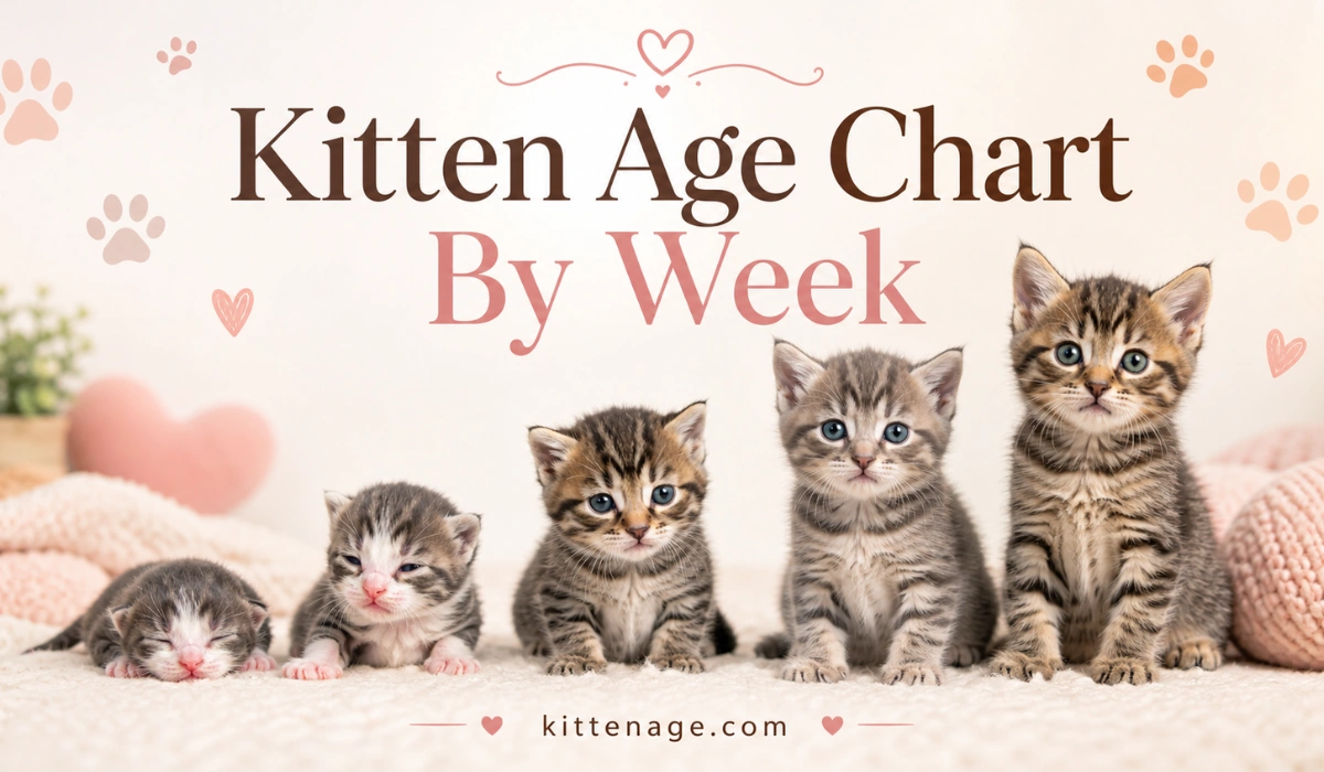 Kitten Age Chart by Week featuring cute kittens from newborn to 8 weeks, showing weekly growth stages on kittenage.com.