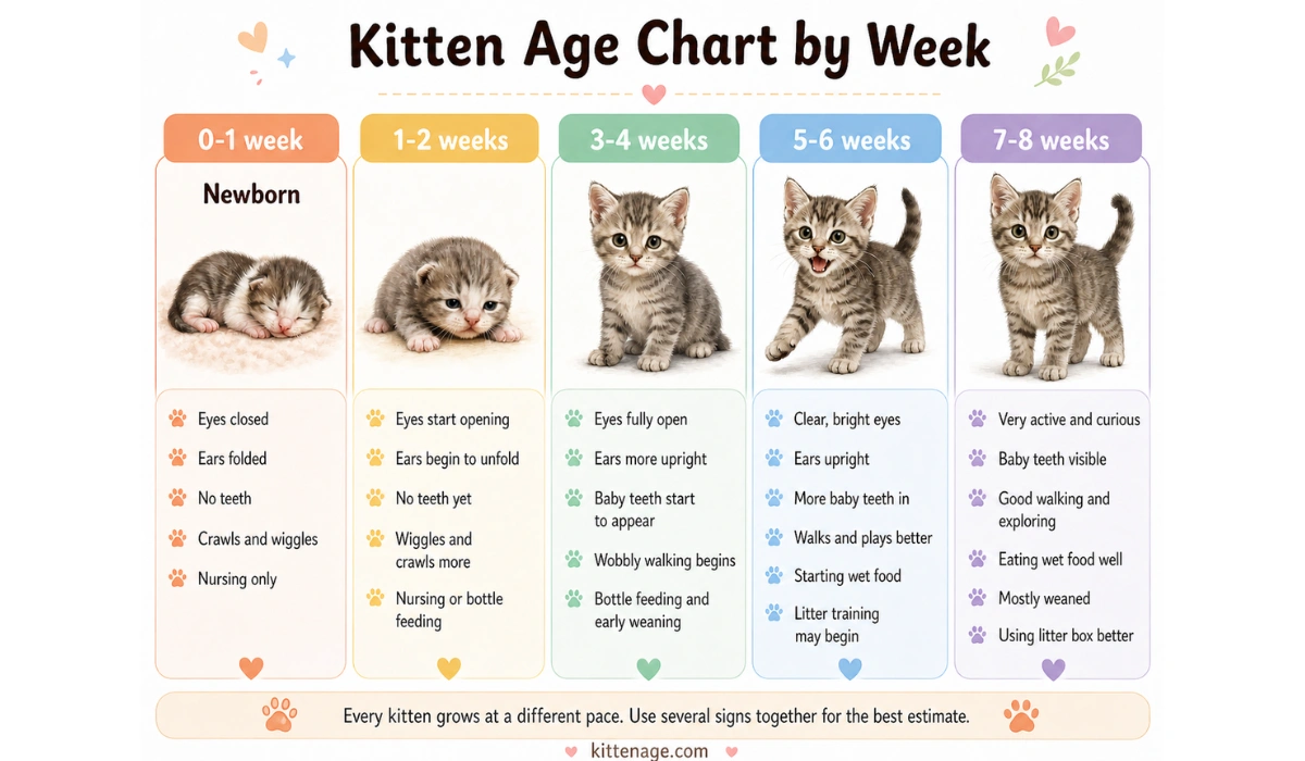 Kitten Age Chart by Week showing 0-1 to 7-8 week stages, with photos and signs like eyes, teeth, movement, and feeding.