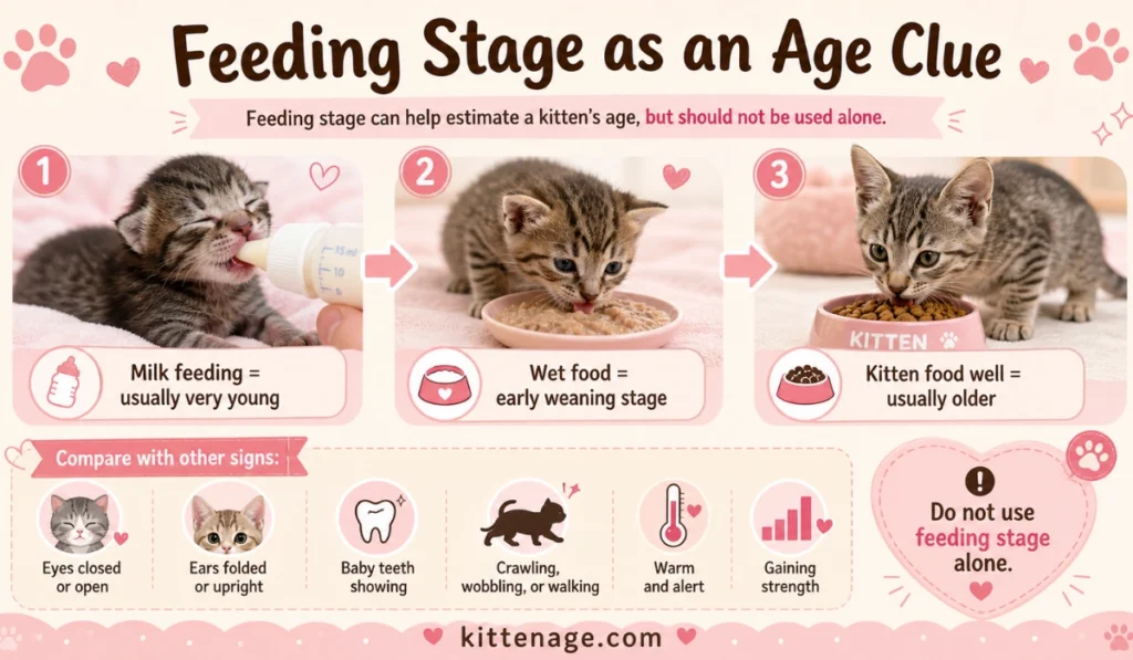 Kitten feeding stages as age clues, showing milk feeding, wet food, kitten food, and other signs to compare.