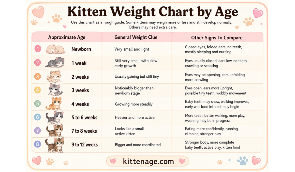 Kitten Weight Chart by Age showing newborn to 12-week kitten stages with weight clues and signs to compare.