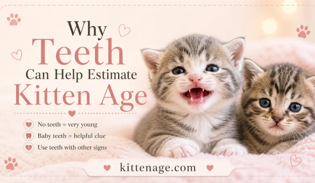 Kitten teeth help estimate age, showing a young kitten with tiny baby teeth and age clues for kitten development.