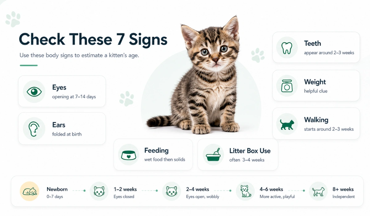 Kitten age guide showing 7 signs to check, including eyes, ears, teeth, weight, walking, feeding, and litter box use.