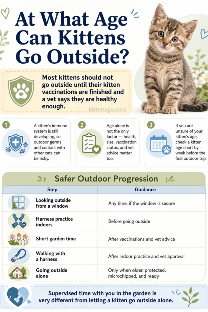 Kitten outdoor safety infographic showing when kittens can go outside after vaccinations and vet approval.